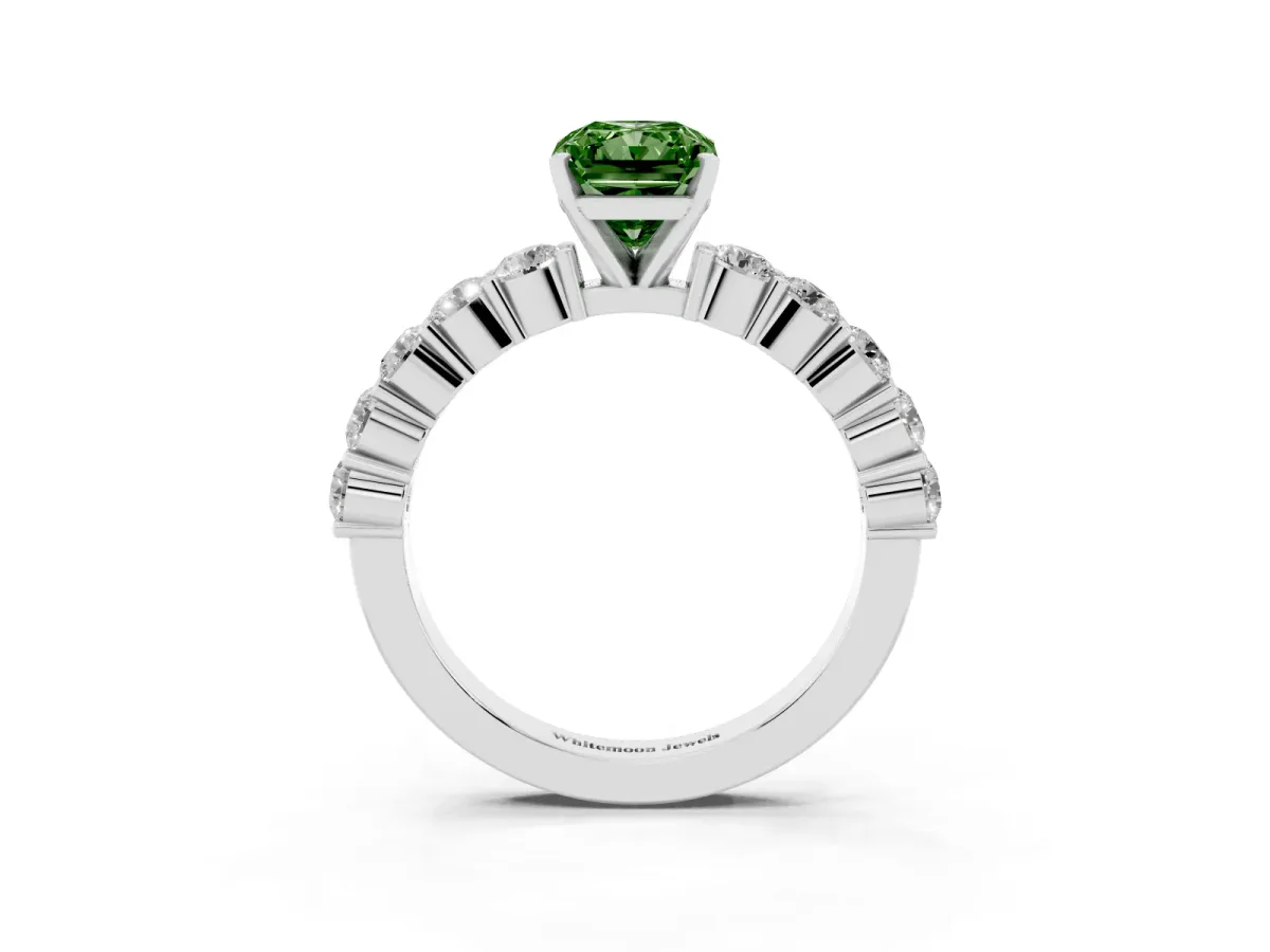 Fancy Green Radiant Cut Diamond Solitaire Ring with Shared Prong Round Side Stones Silver