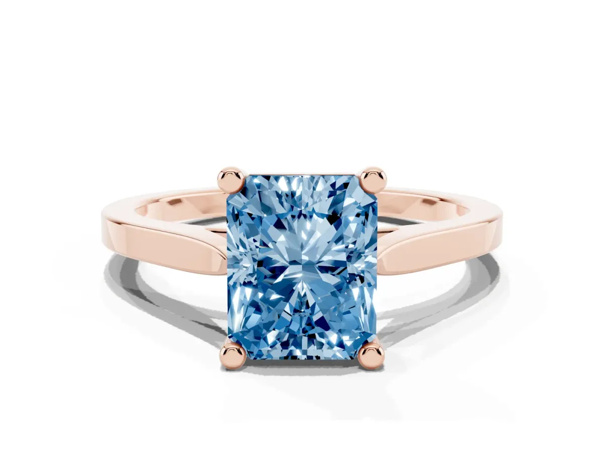 Fancy Blue Radiant Cut Solitaire Diamond Ring with Four-Prong Setting and Tapered Band Rose gold