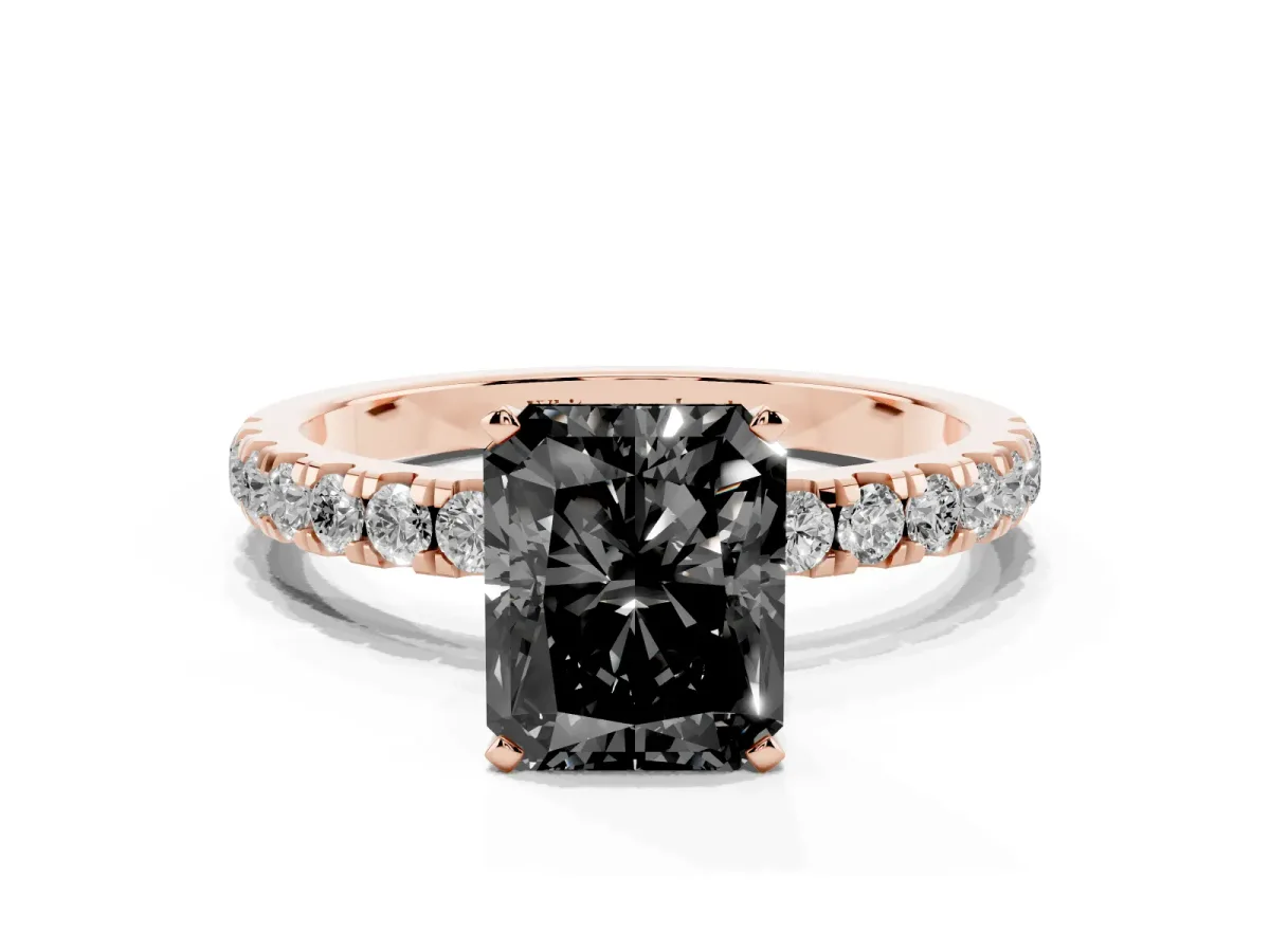 Fancy Black Radiant Cut Diamond Solitaire Ring with Pavé Accents and Four-Prong Setting Rose gold
