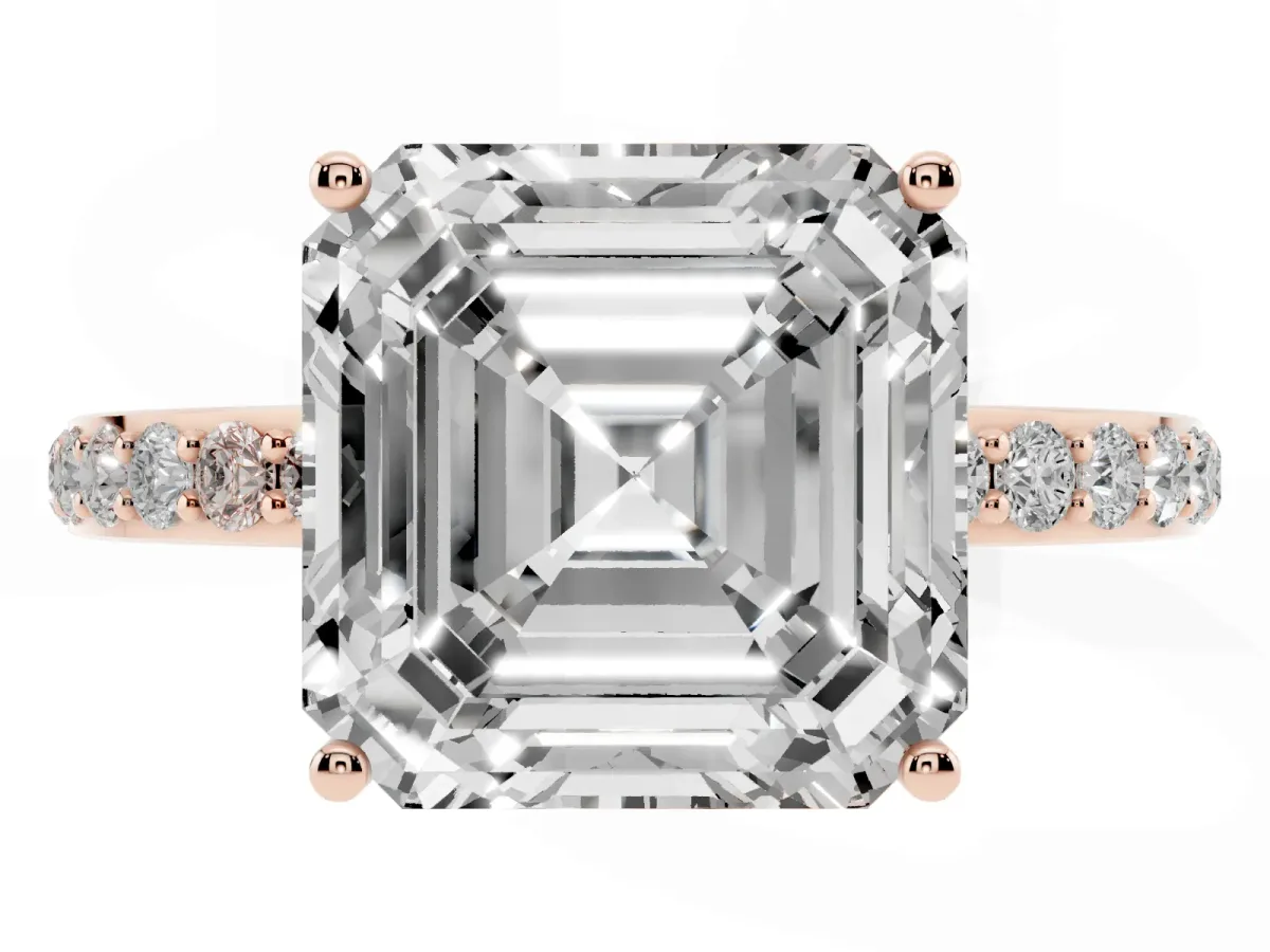 Asscher Cut Diamond Solitaire Ring with Pavé Band and Hidden Halo Rose gold