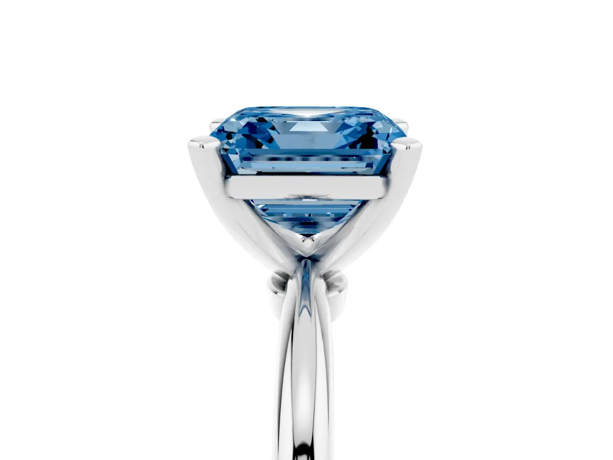 Fancy Blue Asscher Cut Diamond Solitaire Ring with Prong Setting and Classic Band Platinum