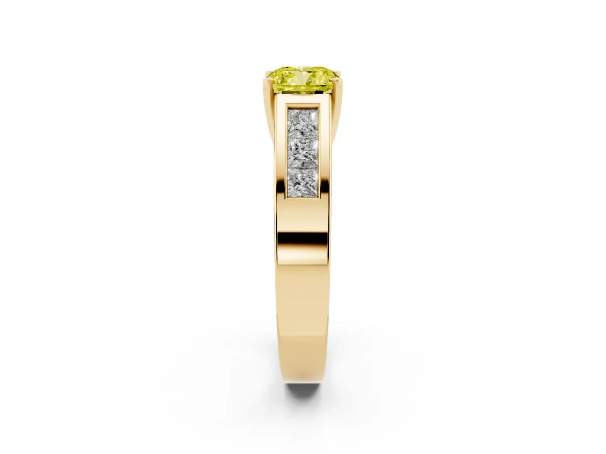 Fancy Yellow Cushion Cut Cut Channel Set Solitaire Ring with Four-Prong Setting Yellow gold