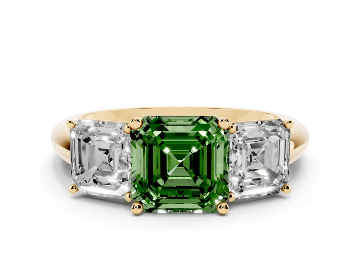 Fancy Green Three-Stone Asscher Cut Cut Diamond Engagement Ring with Prong Setting on a White Gold Band Yellow gold