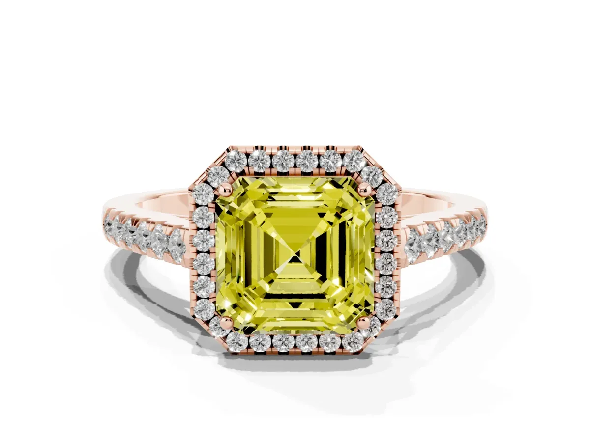 Fancy Yellow Asscher Cut Halo Pave Diamond Engagement Ring with Four-Prong Setting Rose gold