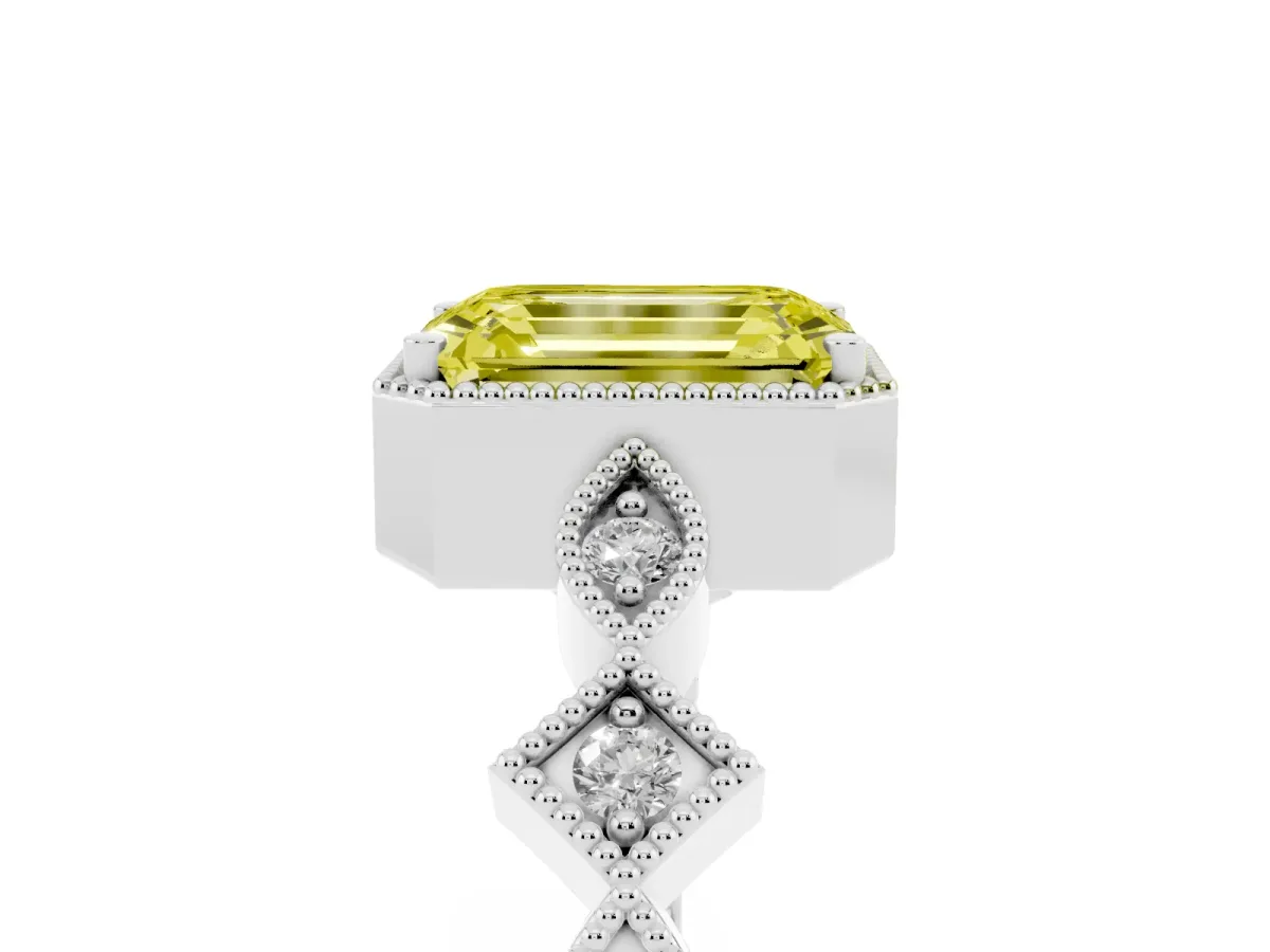 Fancy Yellow Emerald Cut Milgrain Marquise Diamond Twist Band Ring Silver