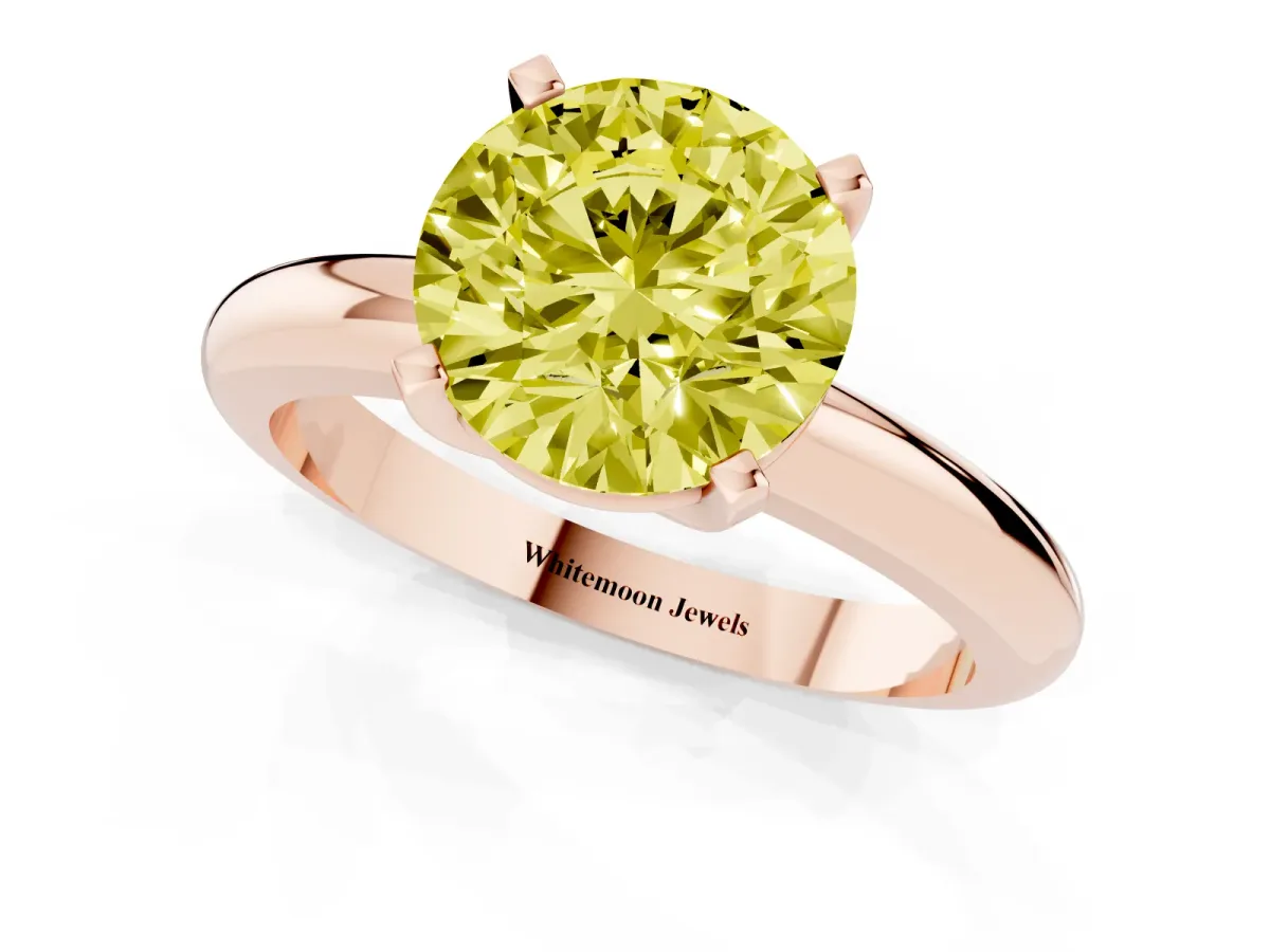Fancy Yellow Round Cut Diamond Solitaire Engagement Ring with Round Band and Four-Prong Setting Rose gold