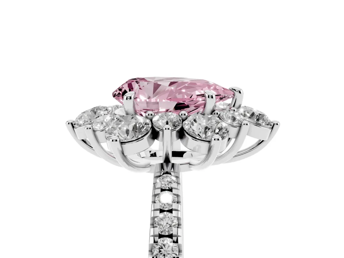 Fancy Pink Pear Cut Diamond Floral Halo Ring with Round Pavé Band and Prong Setting Platinum