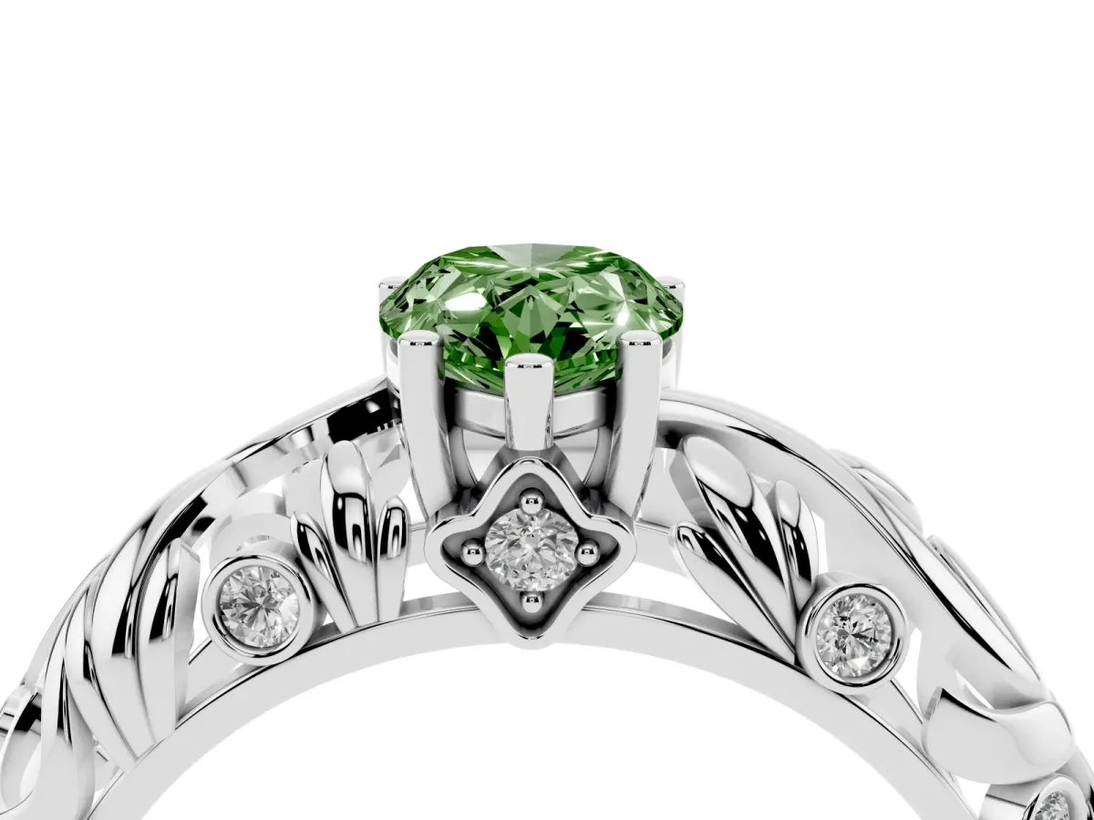 Fancy Green Pear Cut Solitaire Diamond Leaf-Inspired Vine Band Ring with Prong Setting Silver