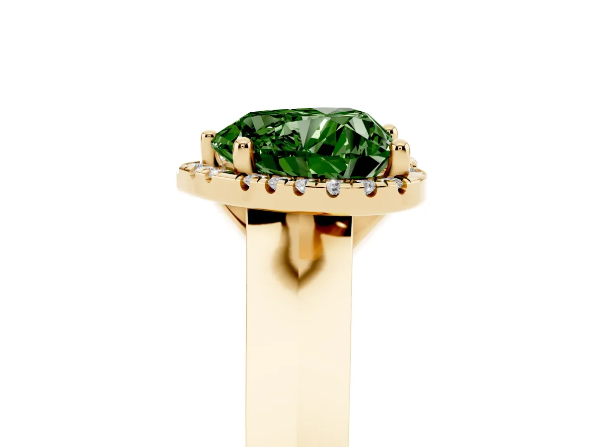 Fancy Green Heart Cut Halo Diamond Ring with Cathedral Band and Four-Prong Setting Yellow gold