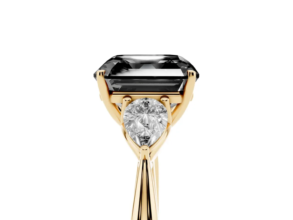 Fancy Black Three-Stone Asscher Cut Brilliant Diamond Solitaire Ring with Tapered Band and Four-Prong Setting Yellow gold