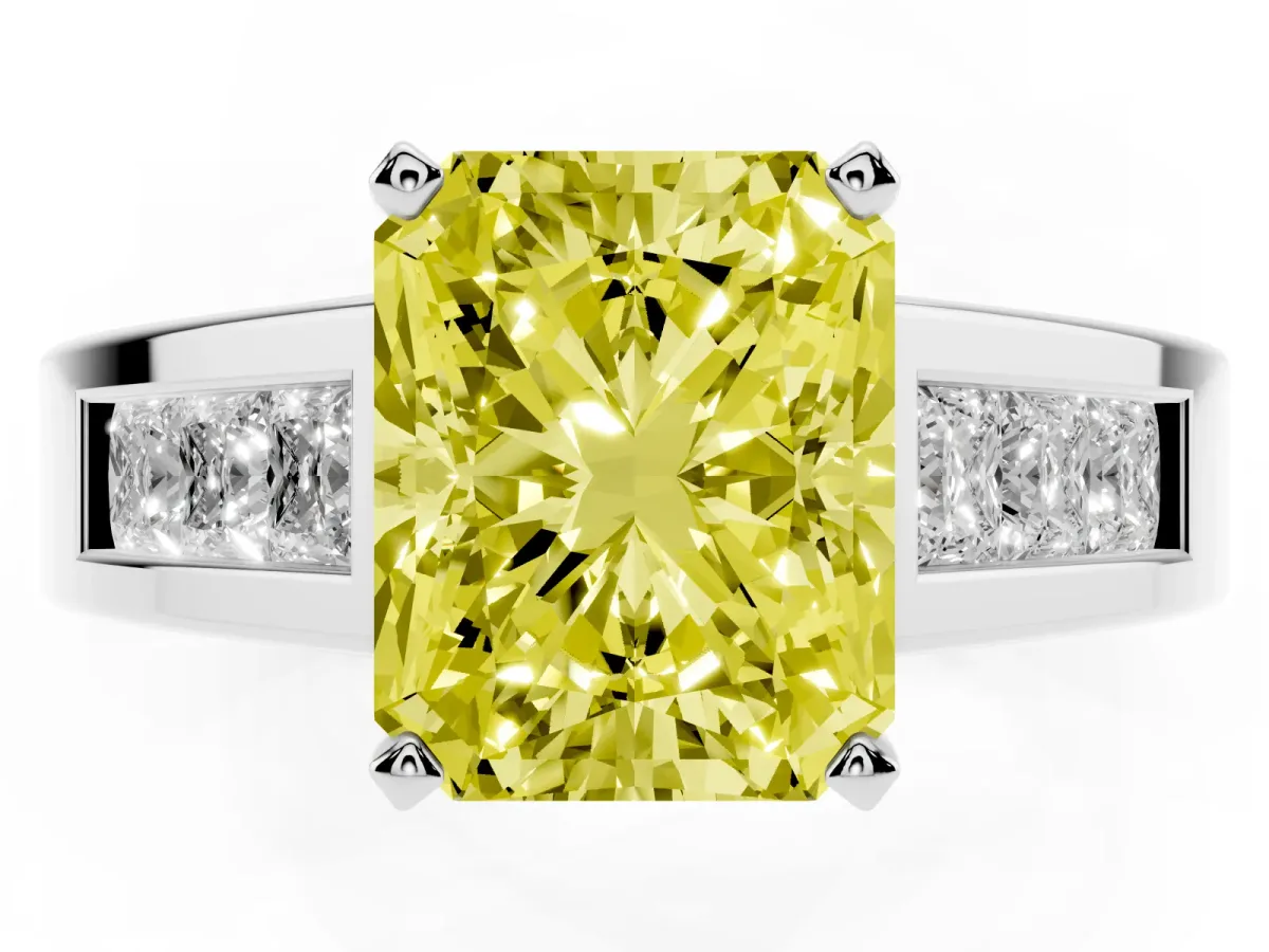 Fancy Yellow Radiant Cut Cut Channel Set Solitaire Ring with Four-Prong Setting White gold