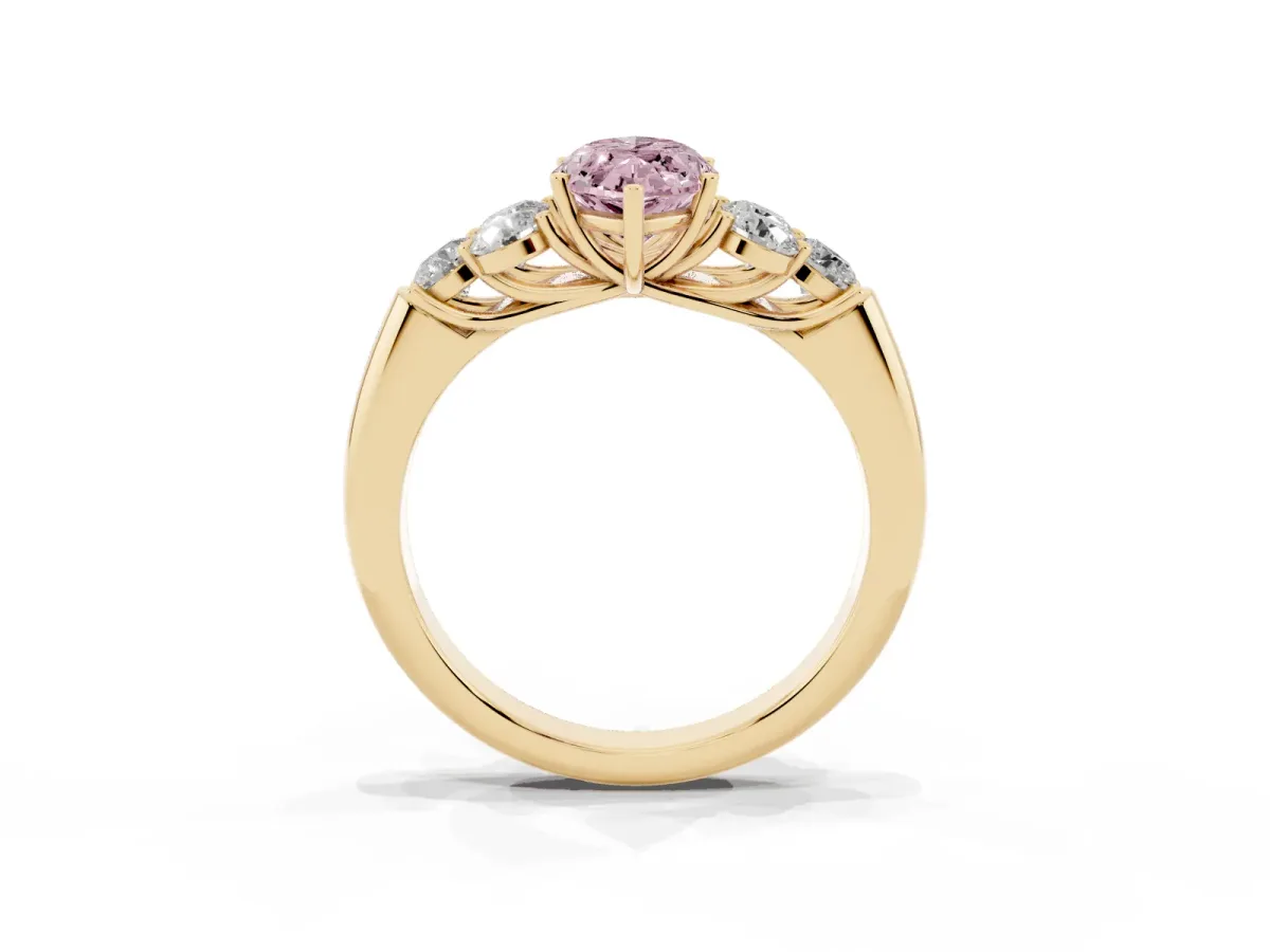Fancy Pink Marquise Cut Cut Diamond Cluster Ring with Round Accent Stones and Prong Setting on a Classic Band Yellow gold