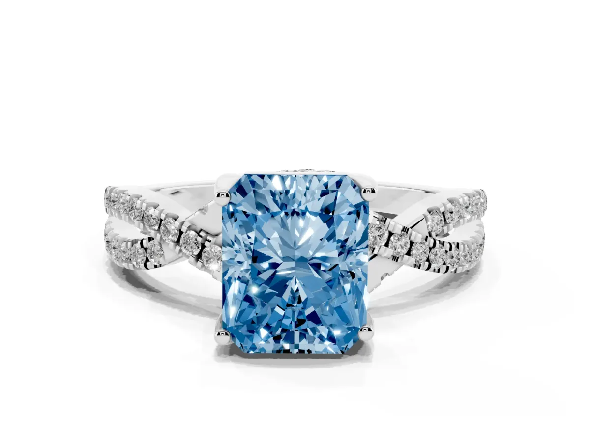 Fancy Blue Radiant Cut Solitaire Twist Pave Diamond Engagement Ring with Prong Setting Silver
