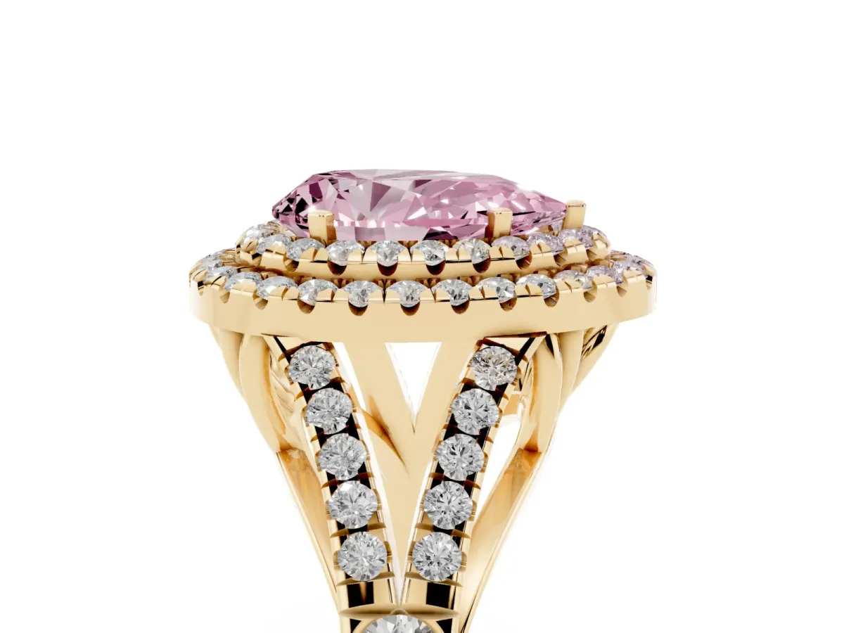 Fancy Pink Pear Cut Diamond Pavé Split Shank Double Halo Engagement Ring Yellow gold