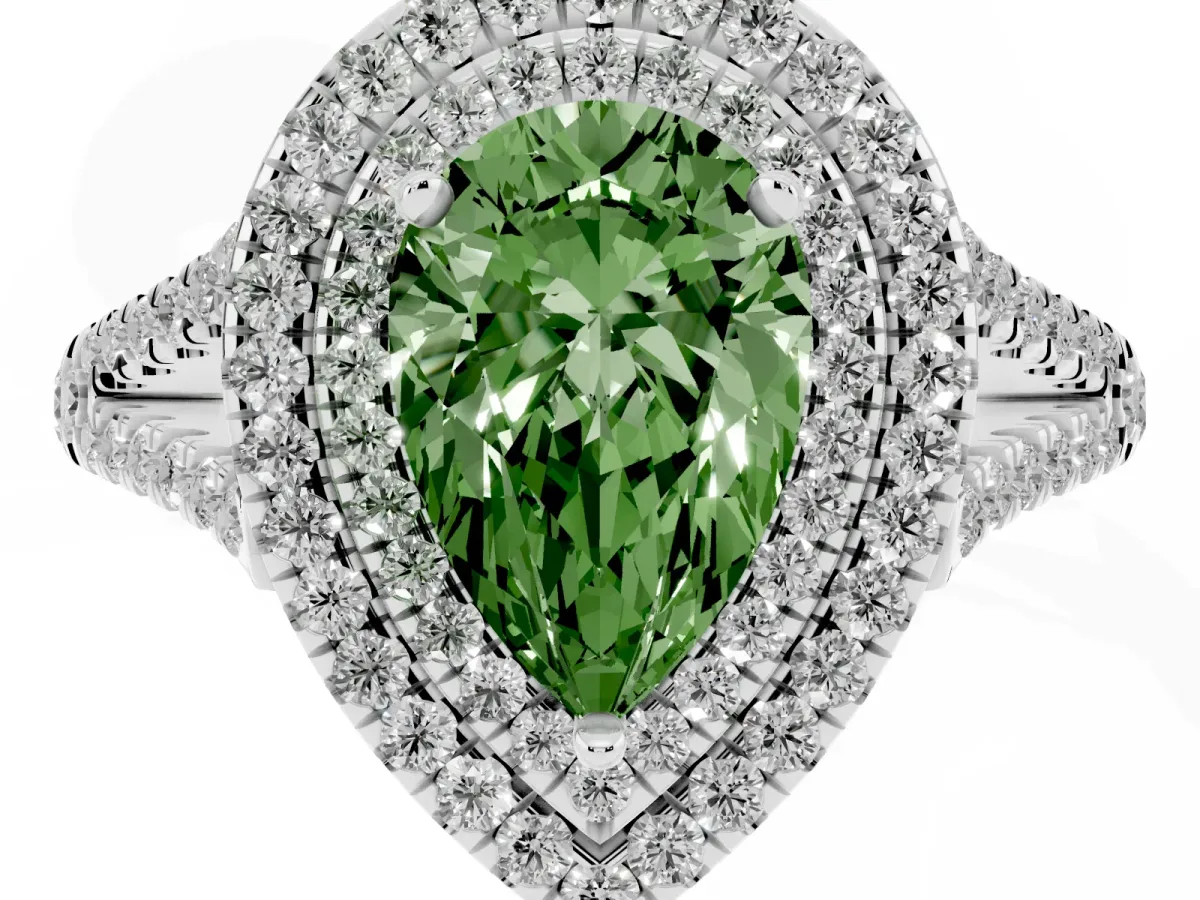Fancy Green Pear Cut Diamond Double Halo Ring with Pavé Band and Prong Setting Silver