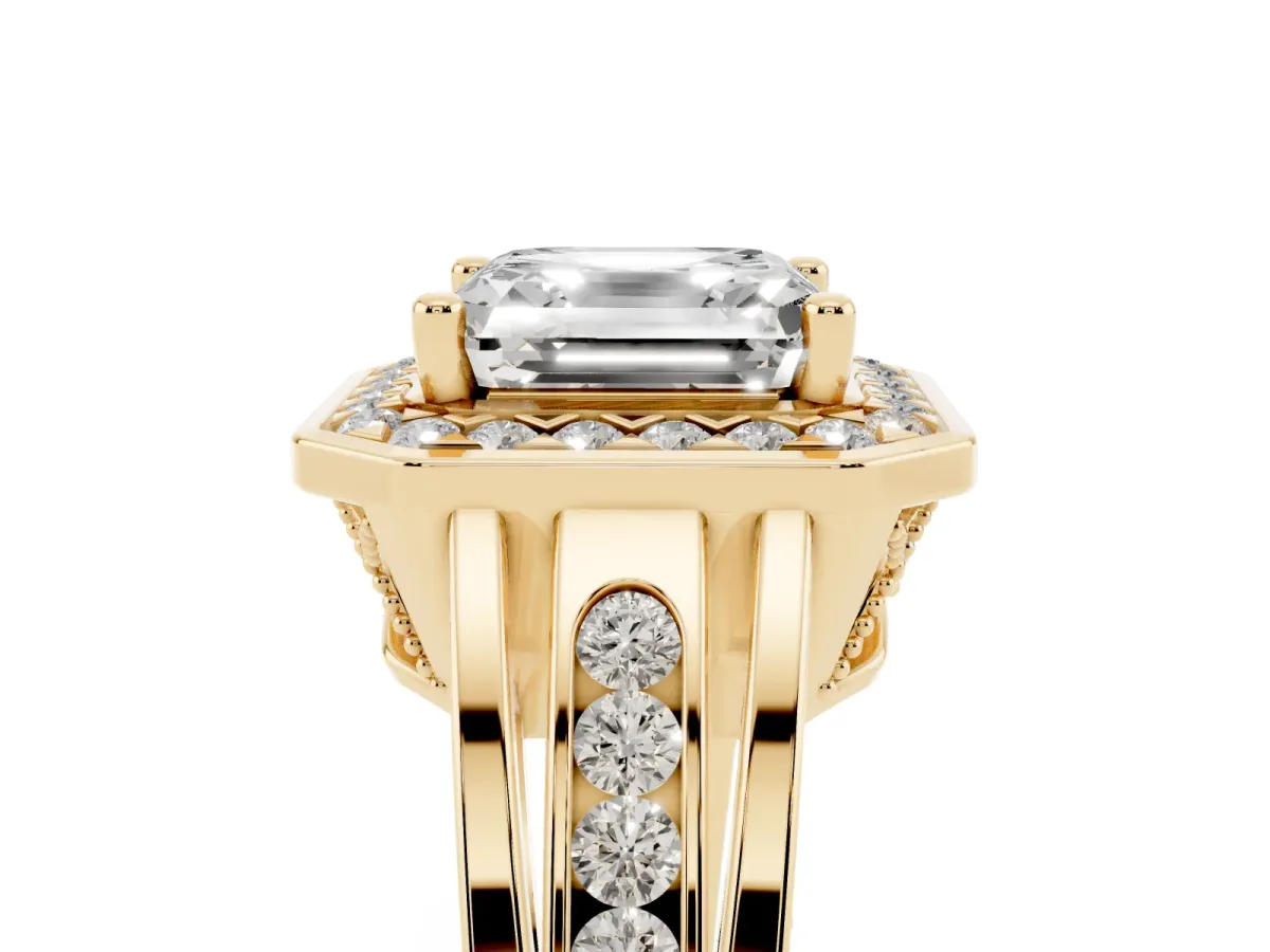 Asscher Cut Diamond Halo Ring with Split Shank and Bezel Accents and Prong Setting Yellow gold