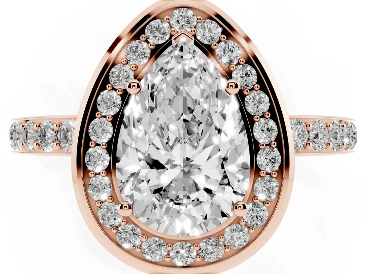 Pear Cut Diamond Halo Ring with Bezel Frame and Pavé Band Rose gold