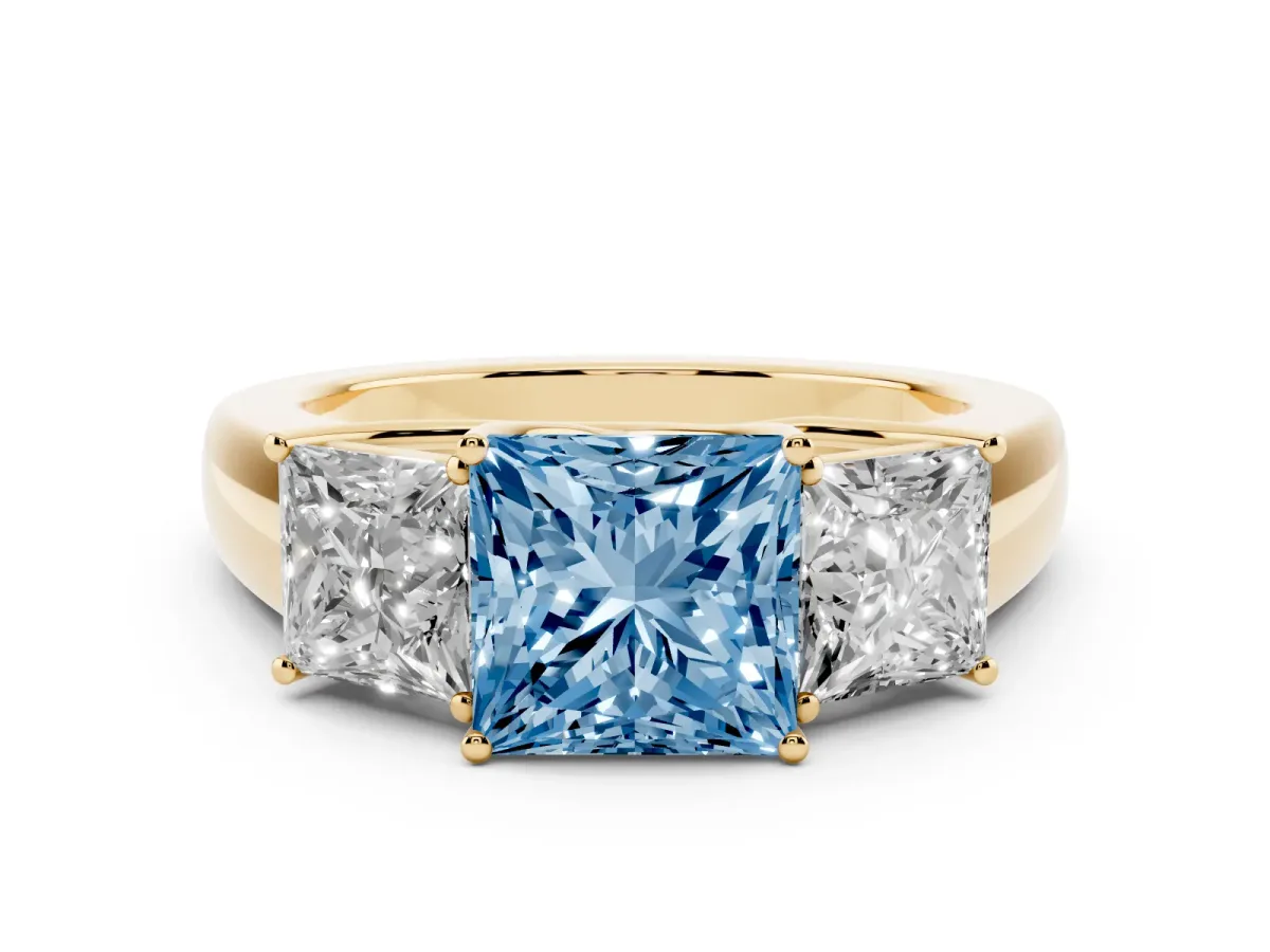 Fancy Blue Three-Stone Princess Cut Cut Diamond Ring with Prong Setting and Classic Band Yellow gold