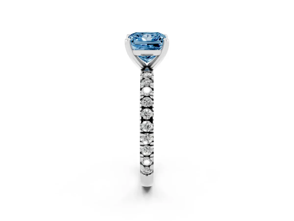 Fancy Blue Princess Cut Diamond Pavé Band Solitaire with Four-Prong Setting Platinum