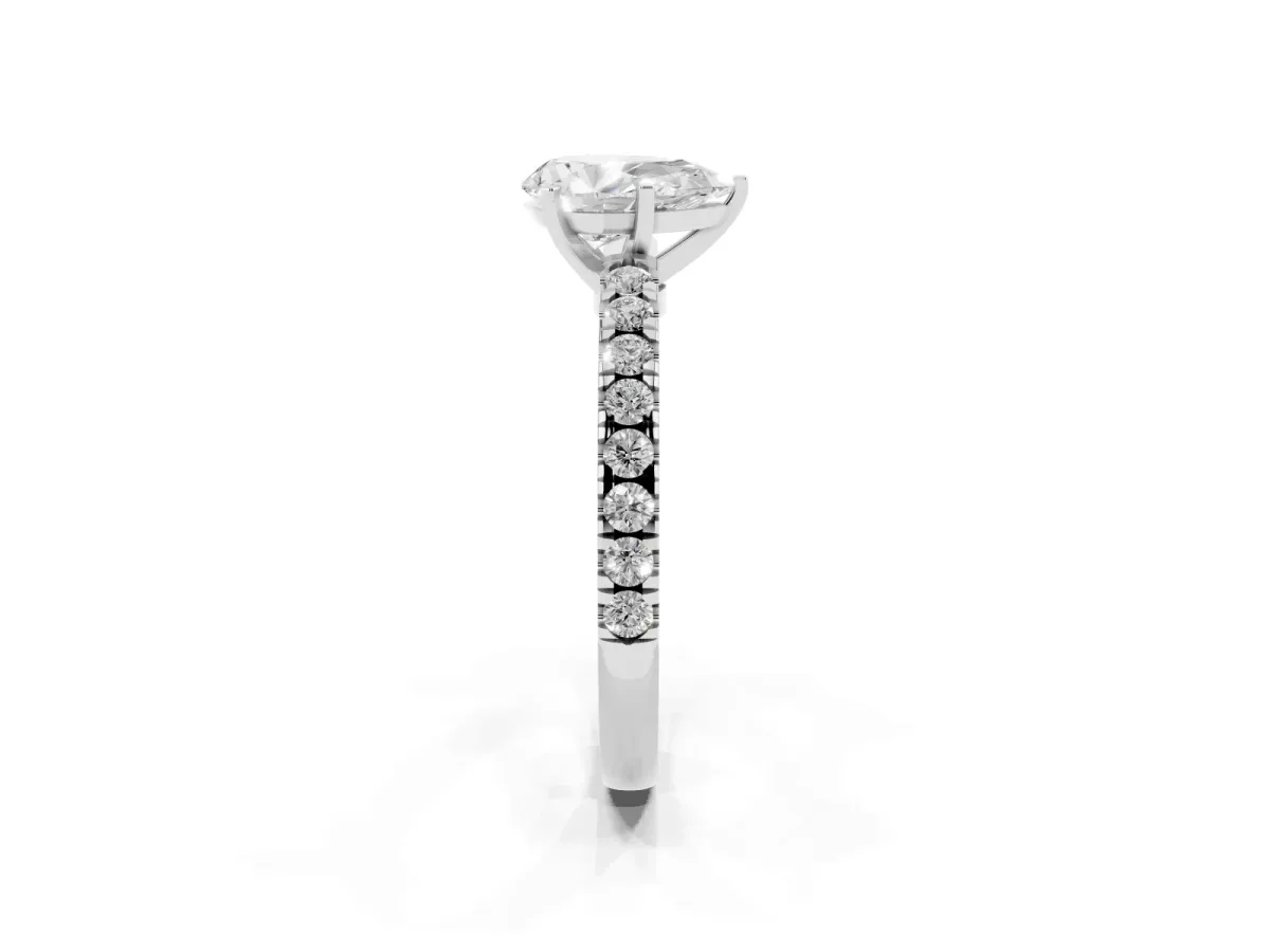 Pear Cut Solitaire Diamond with Pavé Band and Four-Prong Setting Silver