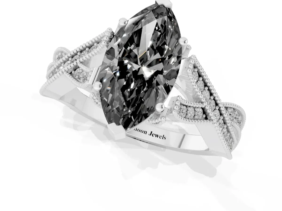 Fancy Black Marquise Cut Cut Diamond Twisted Band with Milgrain Pave Setting and Four-Prong Setting Platinum