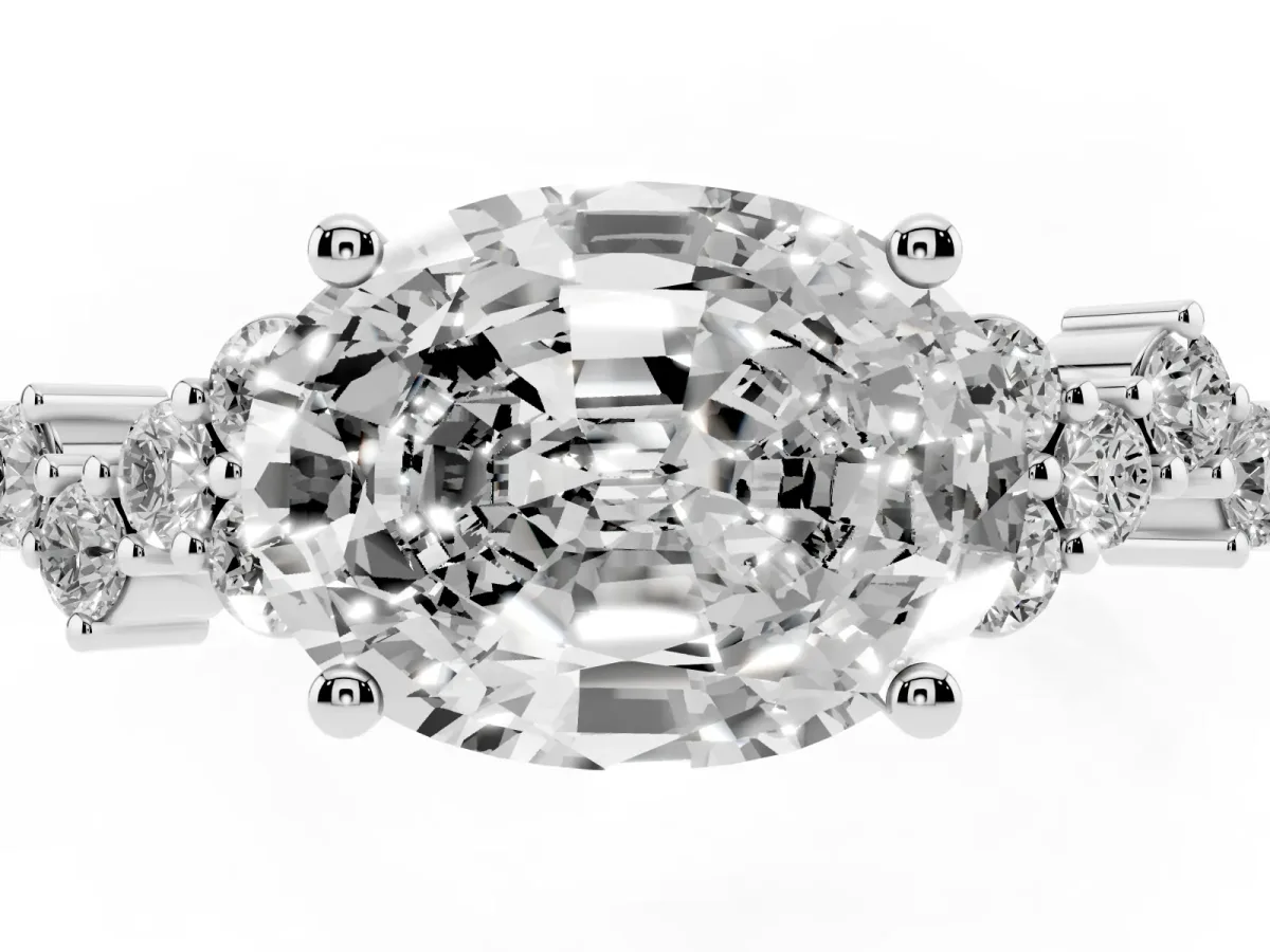 Oval Cut Diamond Scattered Round Accent Ring with Prong Setting Platinum