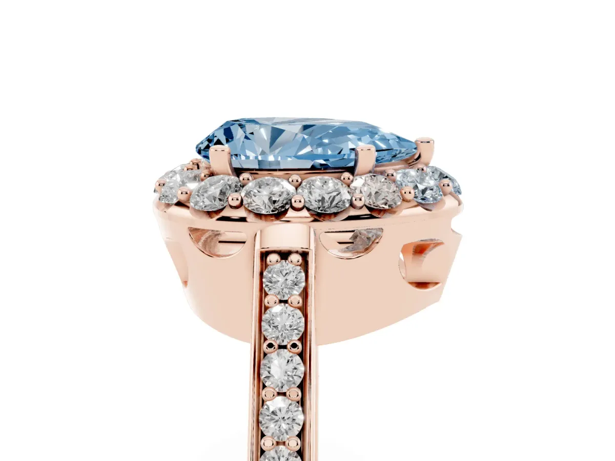 Fancy Blue Pear Cut Diamond Floral Halo Ring with Pavé Band and Prong Setting Rose gold