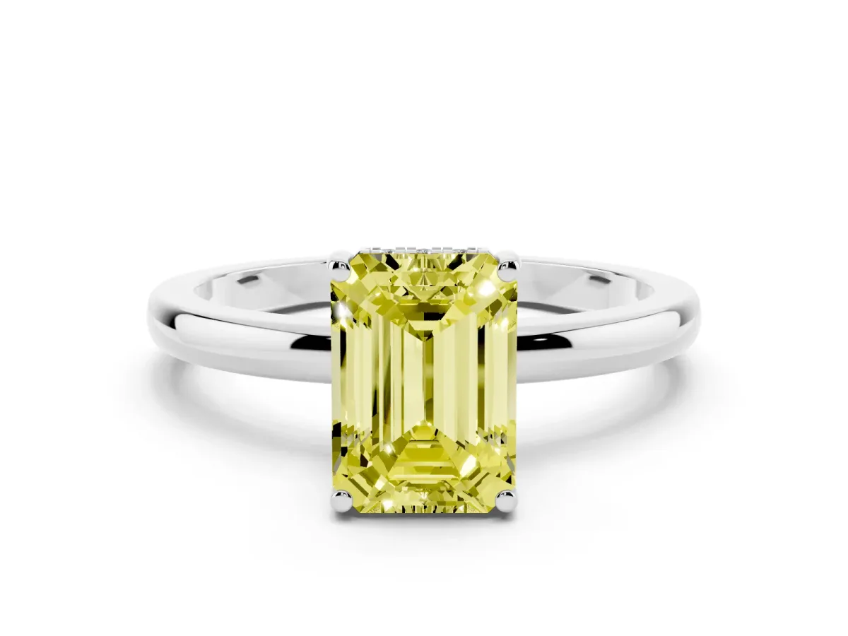 Fancy Yellow Emerald Cut Solitaire Diamond Ring with Prong Setting and Plain Band Silver