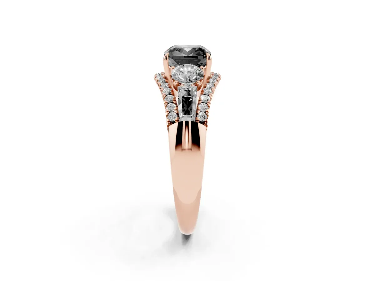 Fancy Black Three-Stone Cushion Cut Diamond Engagement Ring with Pave Band and Prong Setting Rose gold