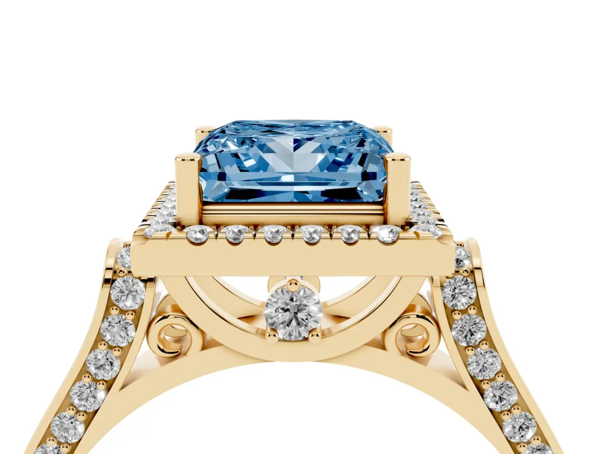 Fancy Blue Princess Cut Halo Round Diamond Twist Band with Four-Prong Setting Yellow gold