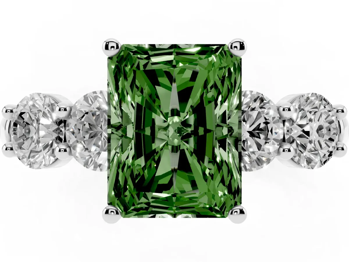 Fancy Green Radiant Cut Cut Five-Stone Prong Set Diamond Ring with Classic Band Silver