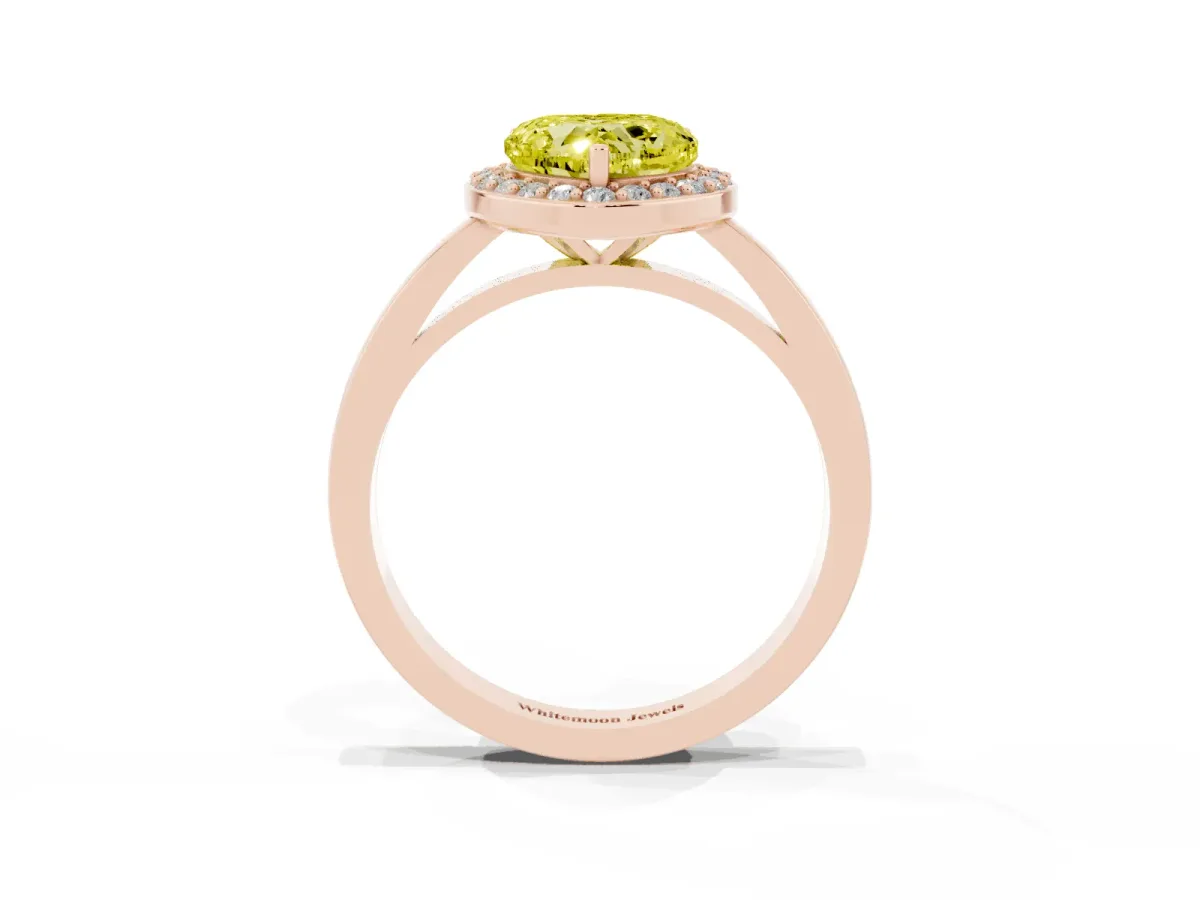 Fancy Yellow Heart Cut Halo Diamond Ring with Solitaire Band and Prong Setting Rose gold