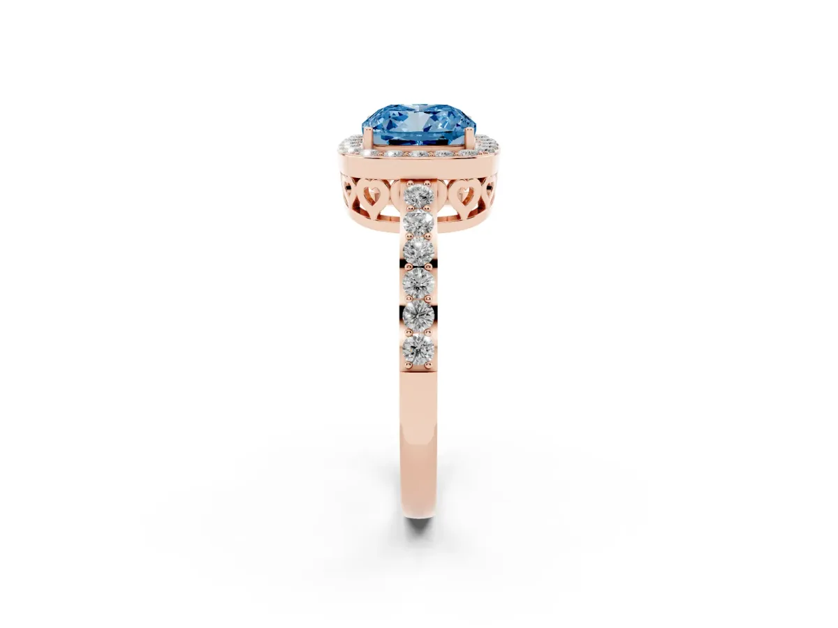 Fancy Blue Cushion Cut Halo Diamond Pavé Band Ring with Prong Setting Rose gold