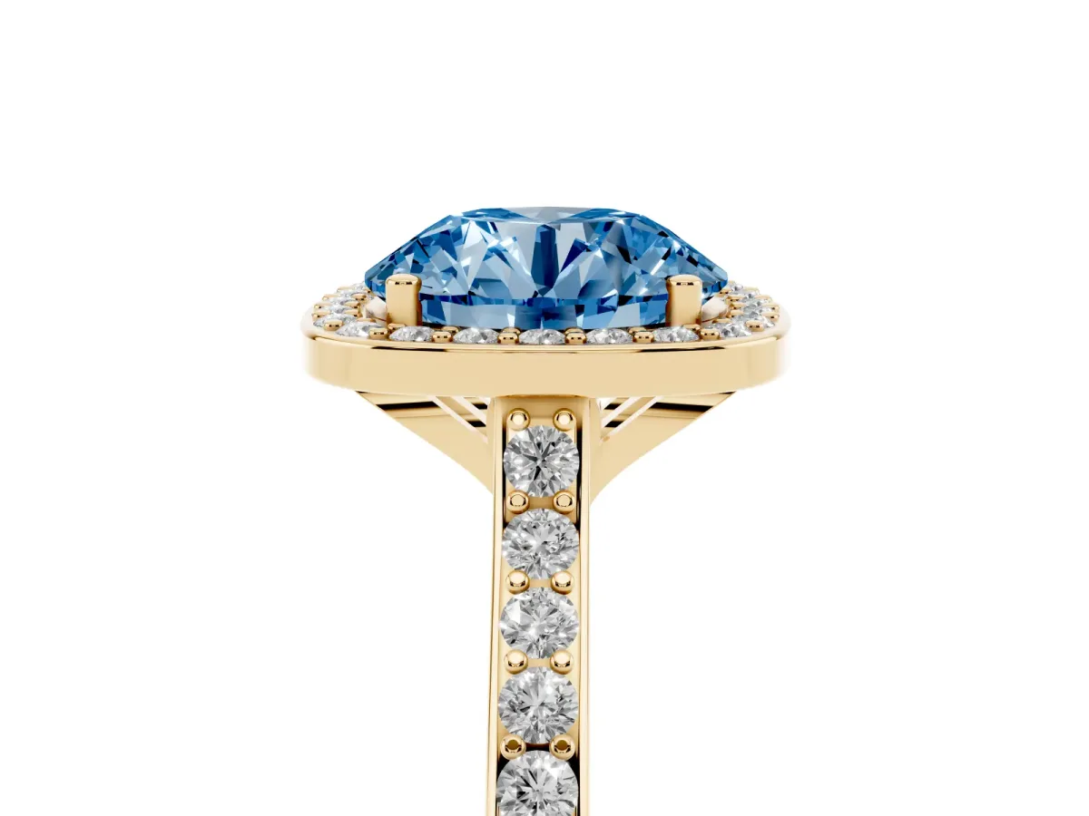 Fancy Blue Round Cut Diamond Halo Engagement Ring with Round Pavé Shoulders and Prong Setting Yellow gold