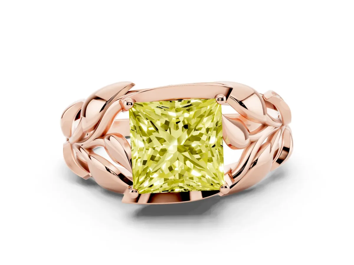 Fancy Yellow Princess Cut Diamond Leaf-Inspired Engagement Ring with Round Accents and Prong Setting Rose gold
