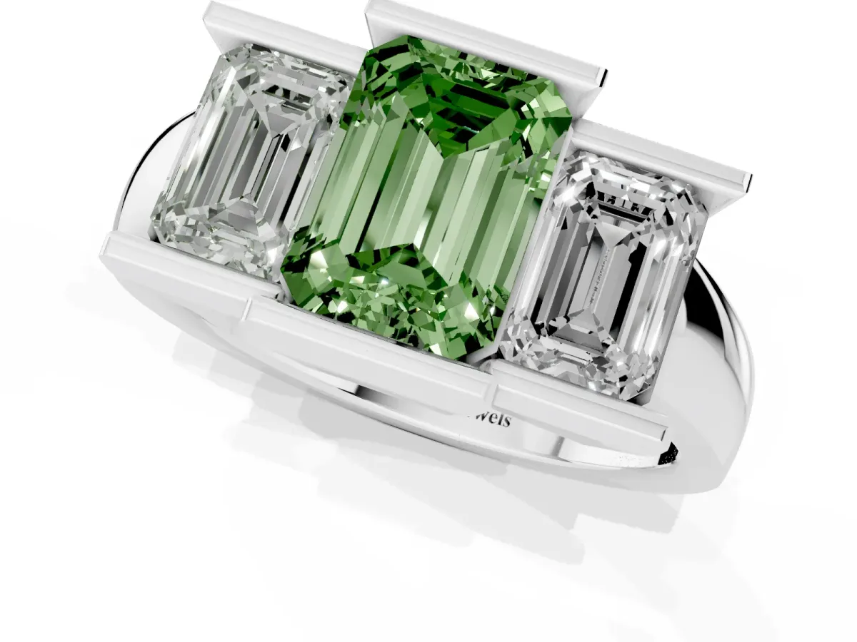 Fancy Green Three Stone Emerald Cut Cut Channel Set Diamond Ring Platinum