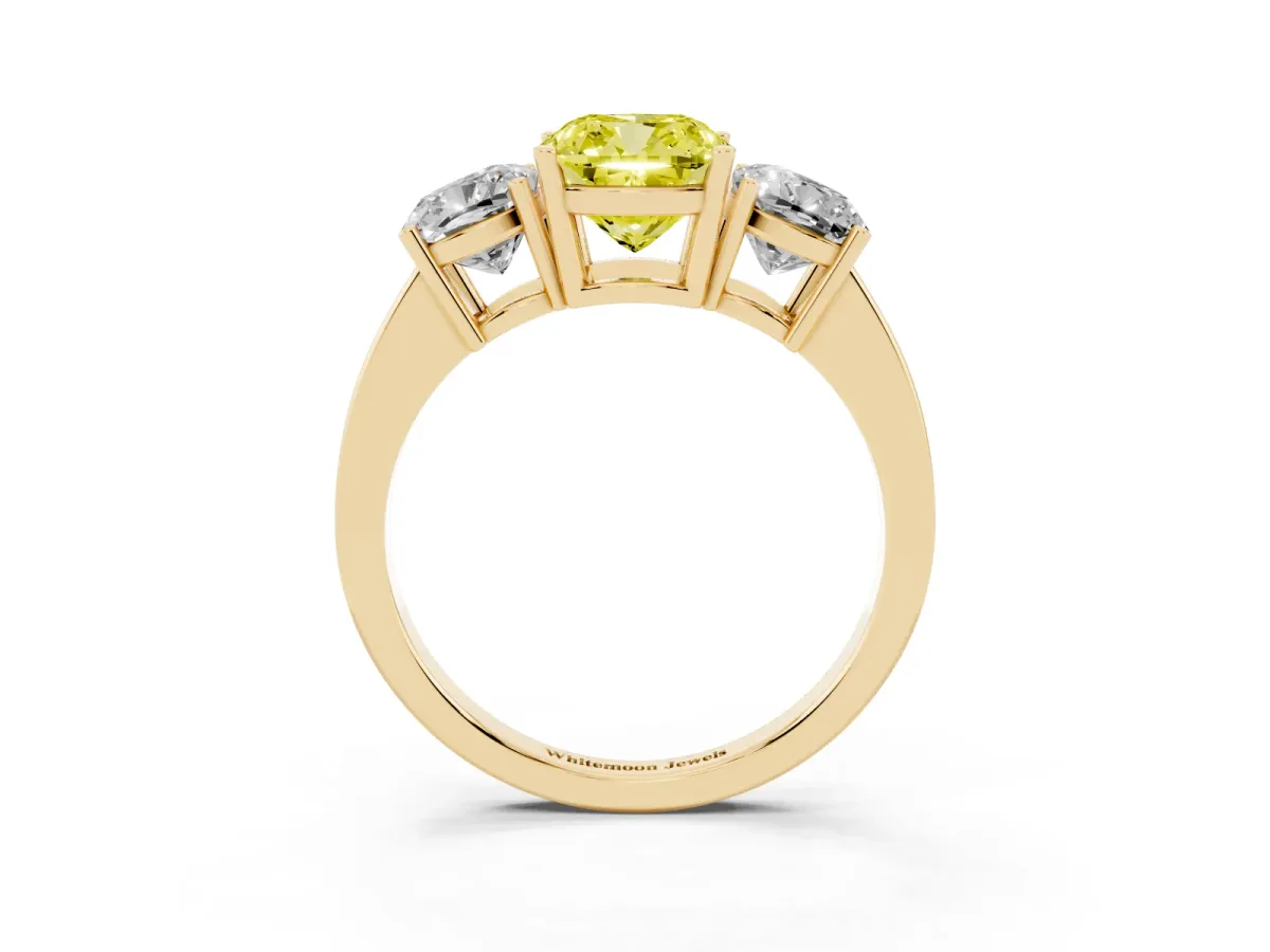 Fancy Yellow Three-Stone Cushion Cut Cut Diamond Engagement Ring with Flat Band and Four-Prong Setting Yellow gold
