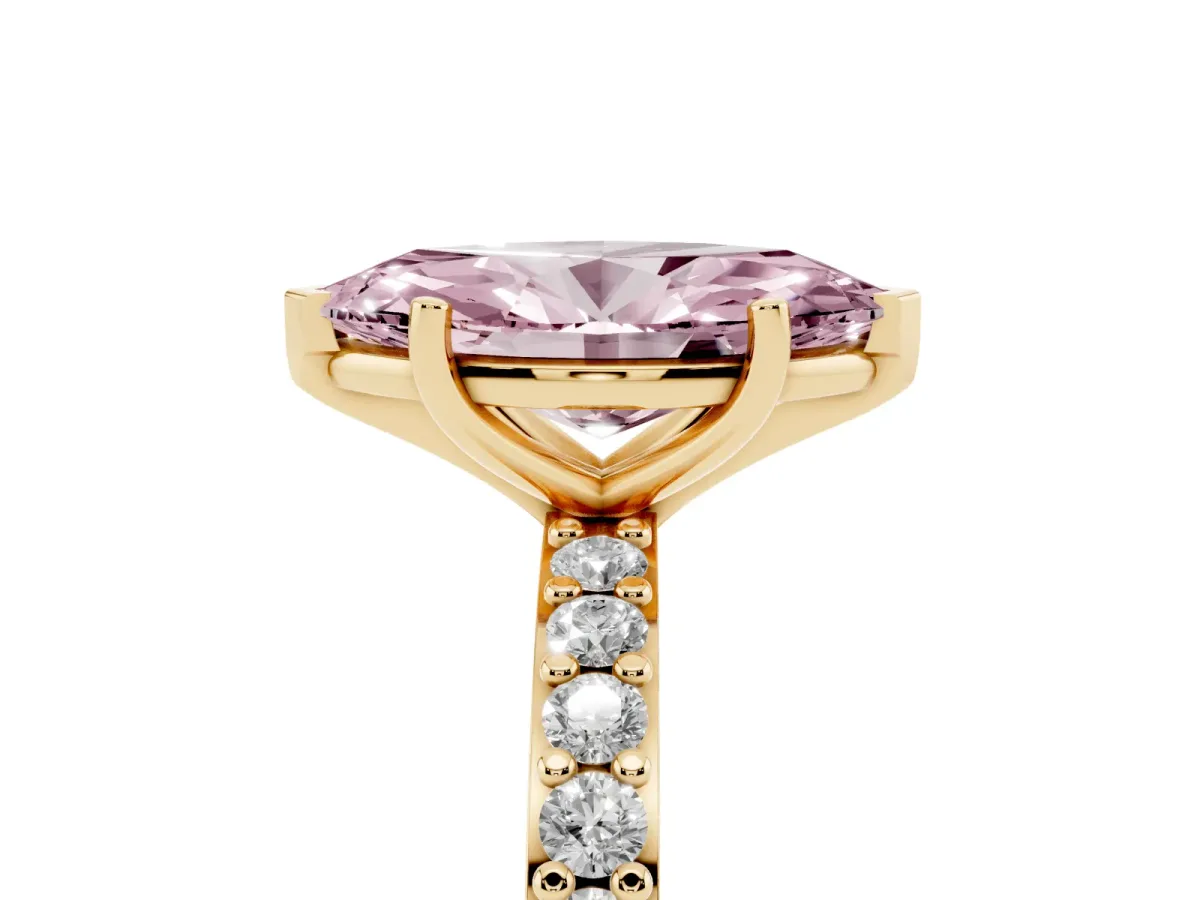 Fancy Pink Marquise Cut Cut Diamond Solitaire with Pave Band and Four-Prong Setting Yellow gold