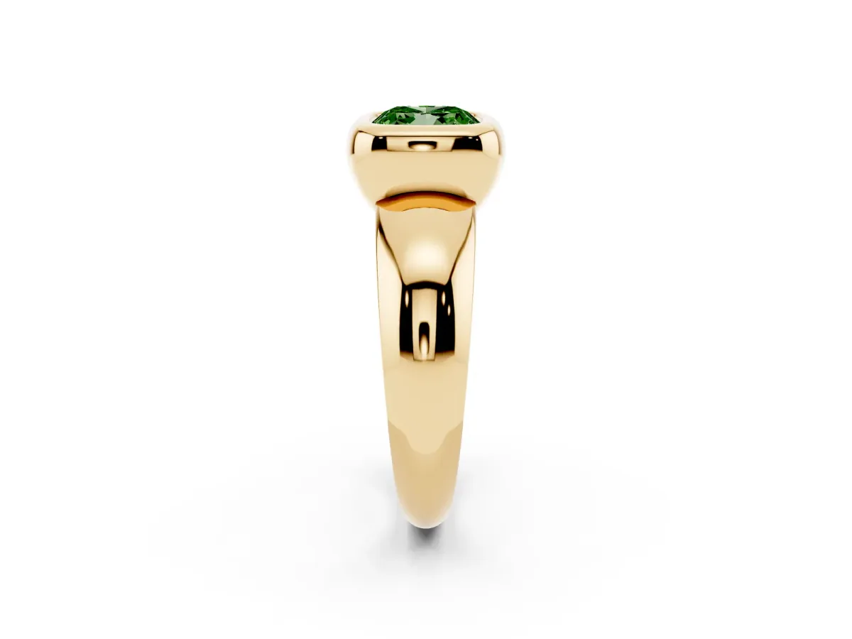 Fancy Green Bezel Set Cushion Cut Solitaire Ring with Wide Band Yellow gold
