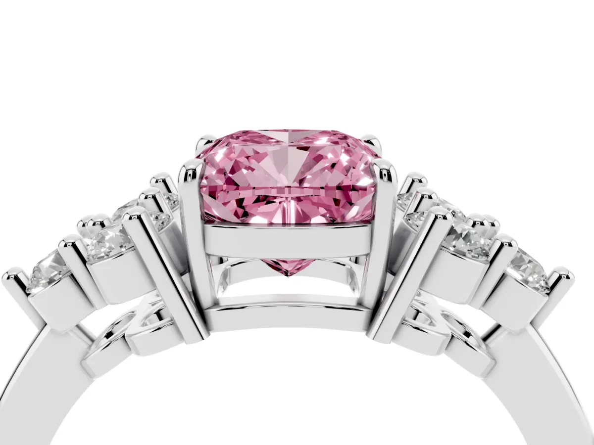 Fancy Pink Cushion Cut Brilliant Diamond Cluster Accent Solitaire Ring with Prong Setting Silver