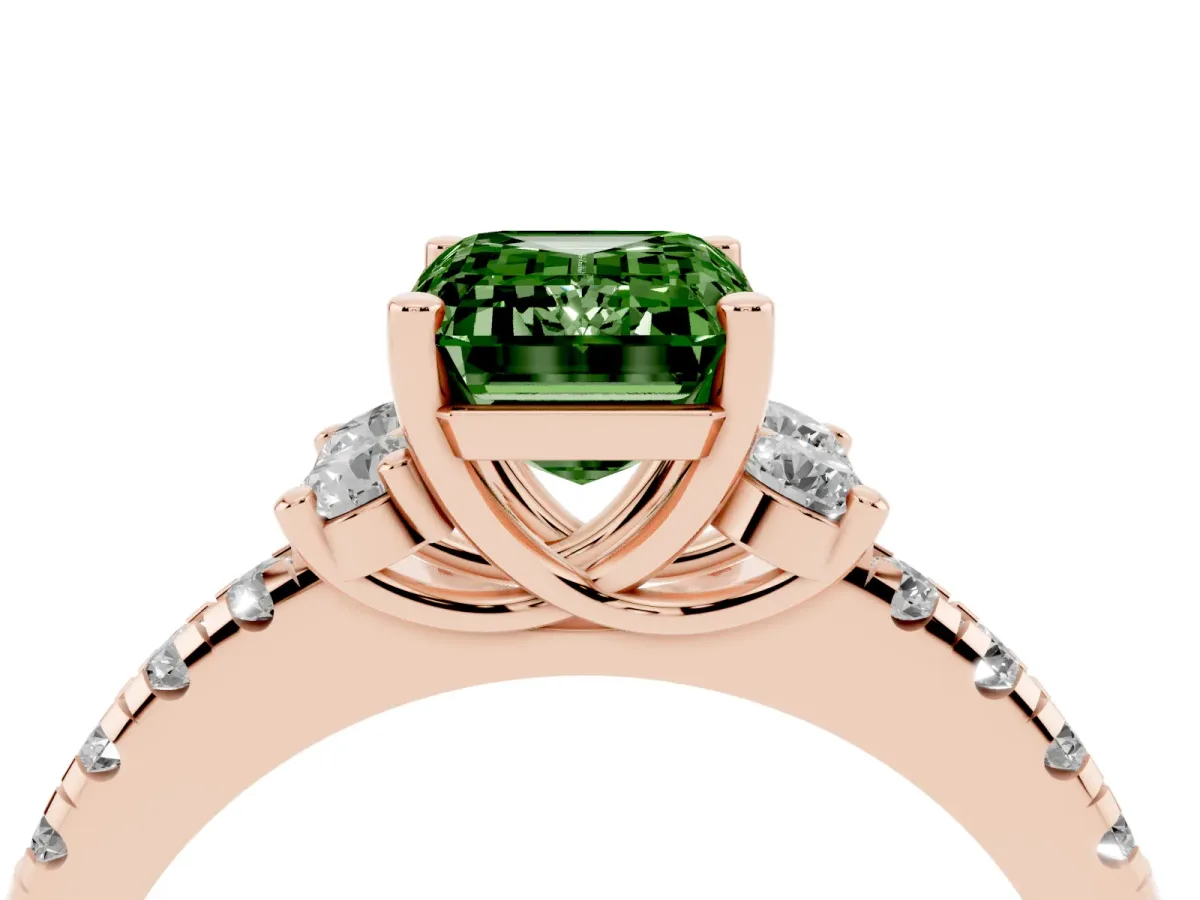 Fancy Green Emerald Cut Diamond Three-Stone Pave Band with Four-Prong Setting Rose gold