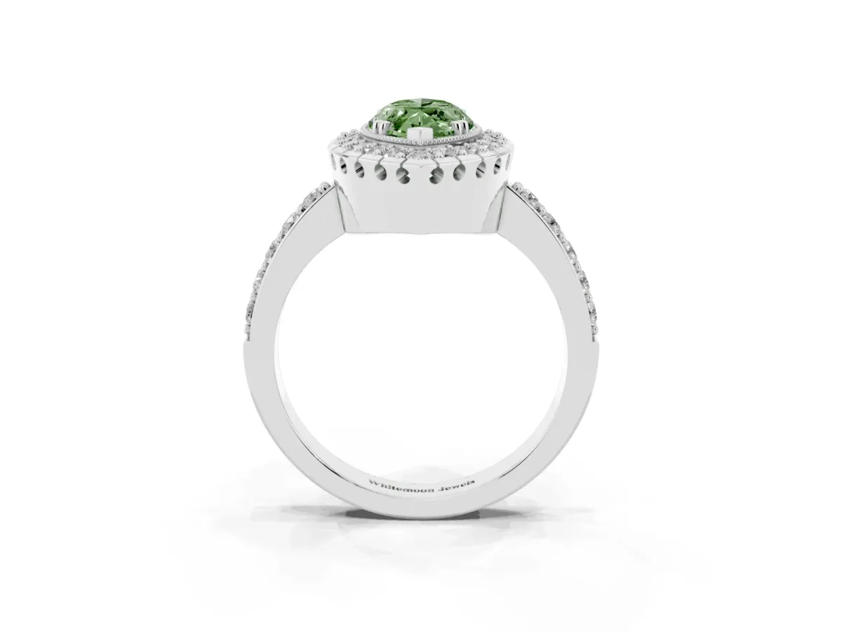 Fancy Green Marquise Cut Diamond Halo Ring with Pavé Band and Prong Setting White gold