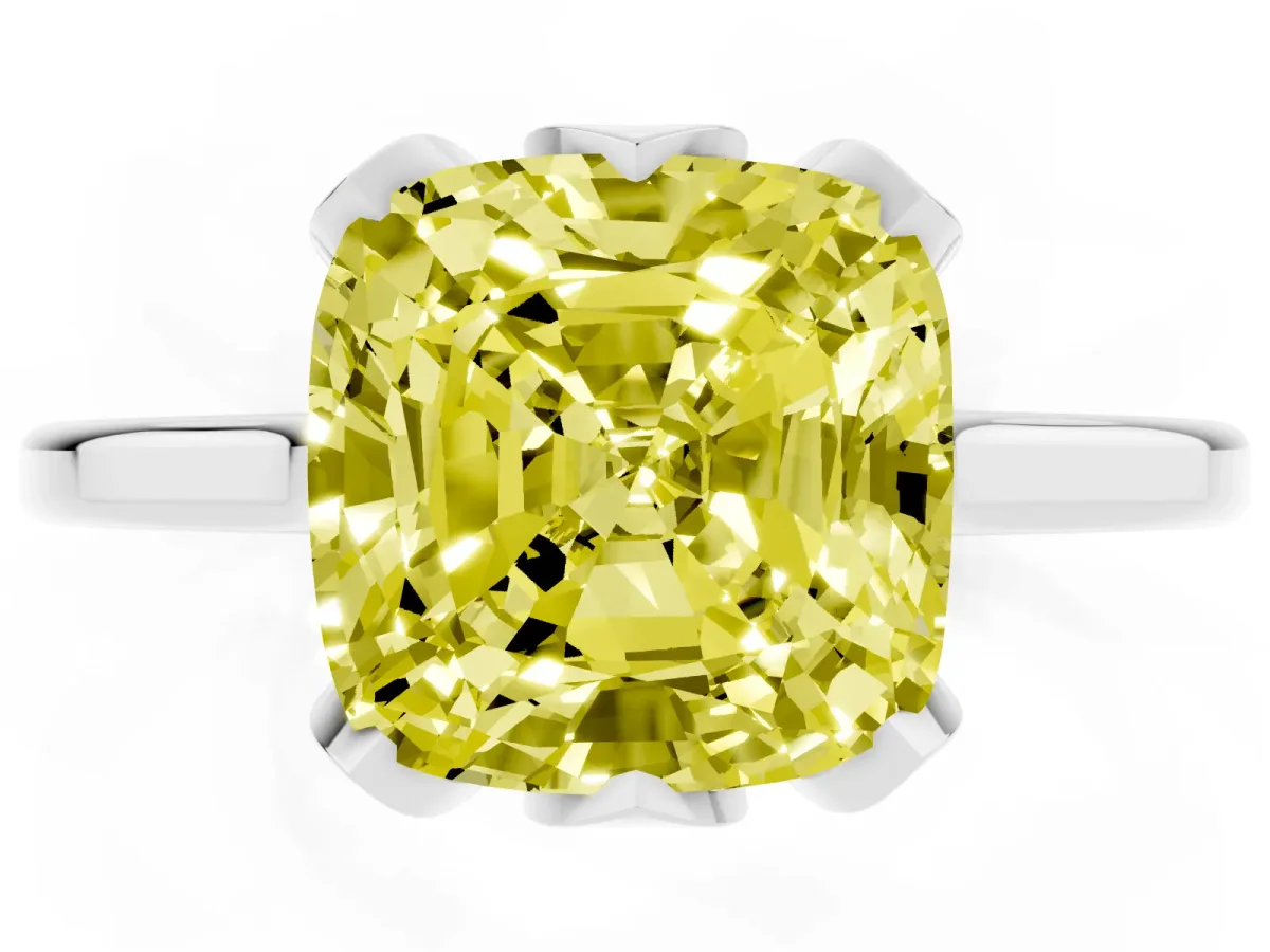Fancy Yellow Cushion Cut Diamond Solitaire Ring with Flower Prong Setting and Classic Band Silver