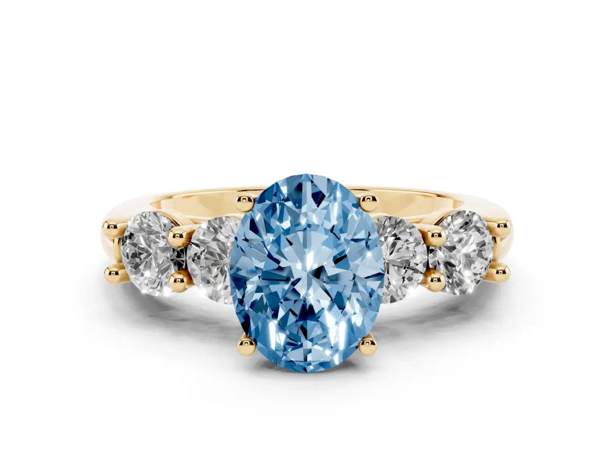 Fancy Blue Oval Cut Cut Five-Stone Prong Set Diamond Ring with Classic Band Yellow gold