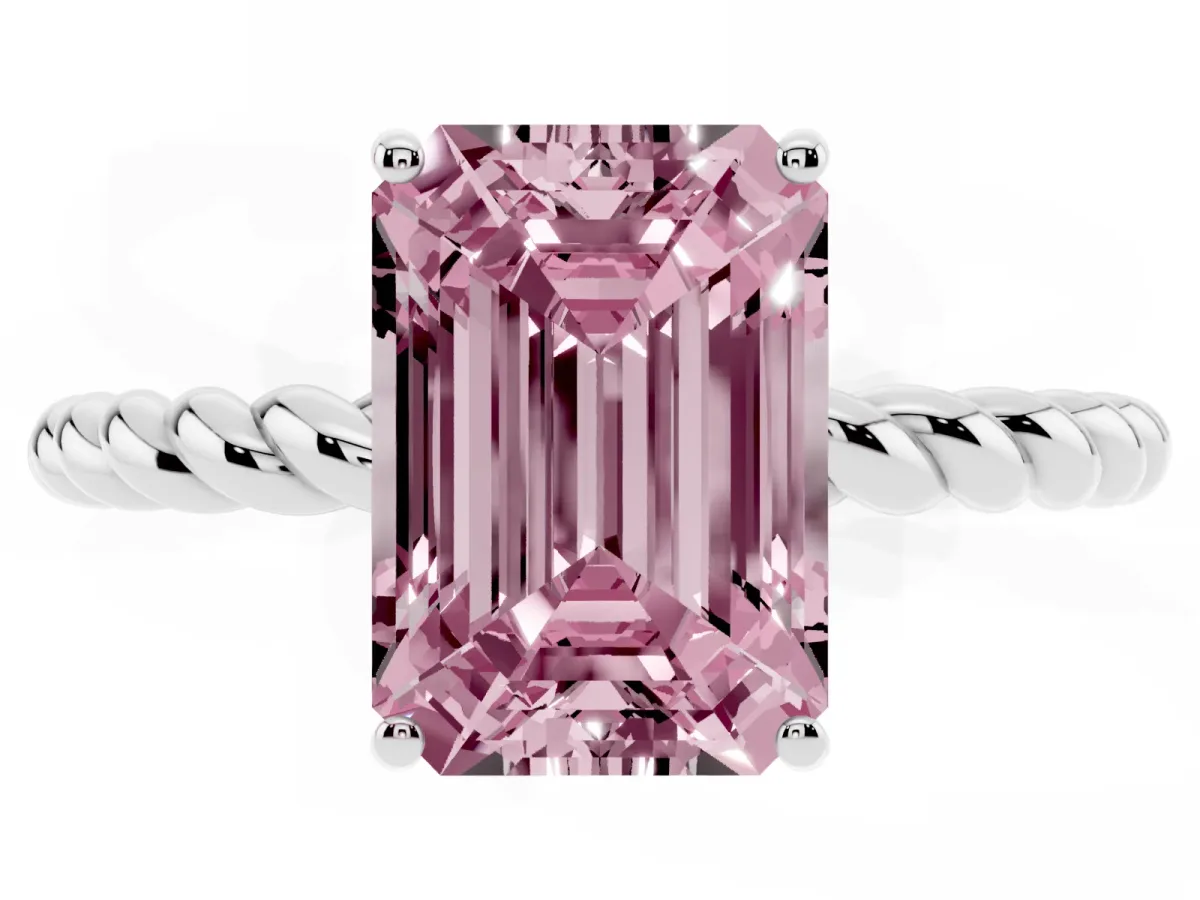 Fancy Pink Emerald Cut Solitaire Twist Band Ring with Four-Prong Setting Platinum
