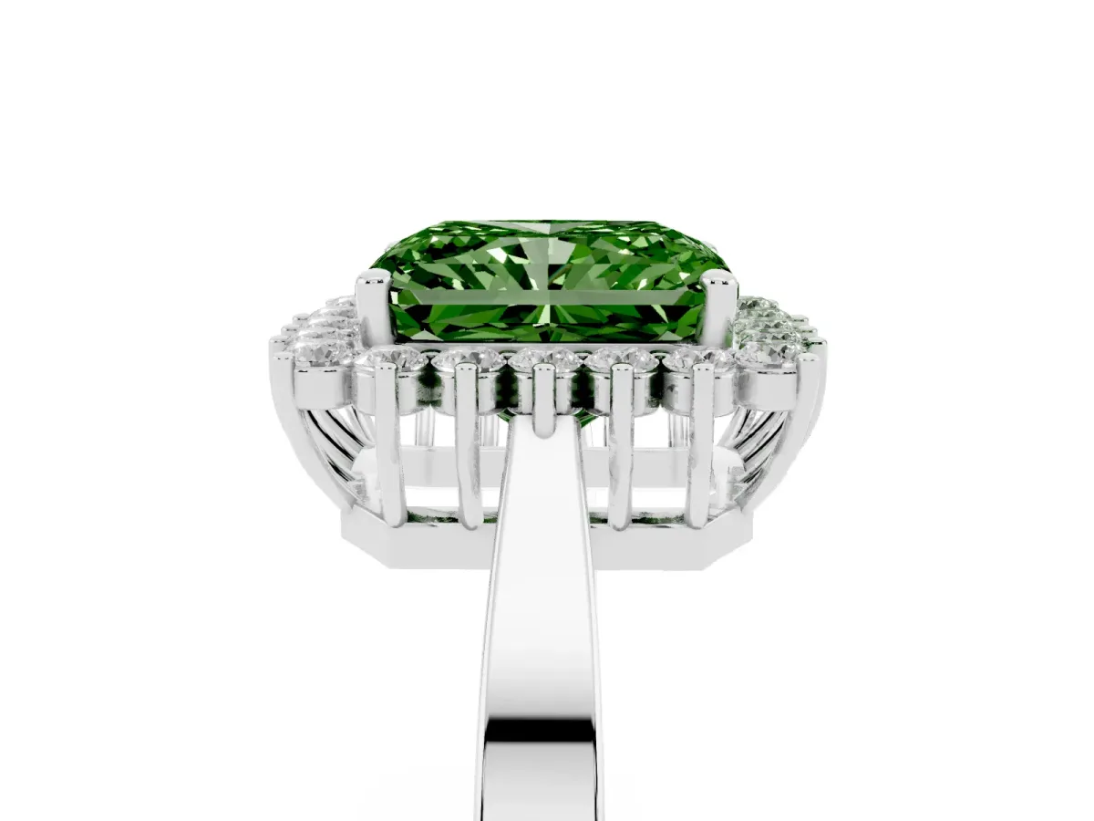 Fancy Green Radiant Cut Cut Diamond Halo Ring with Round Brilliant Halo and Solitaire Band Silver