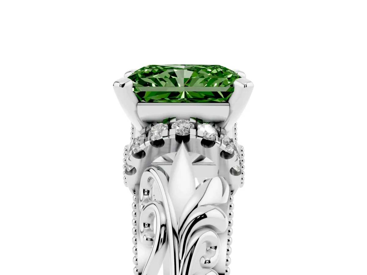 Fancy Green Radiant Cut Solitaire Filigree Engagement Ring with Halo and Prong Setting White gold