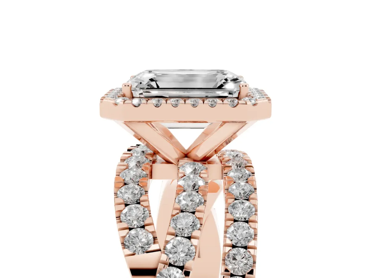 Emerald Cut Diamond Halo Ring with Round Split Shank and Prong Setting Rose gold