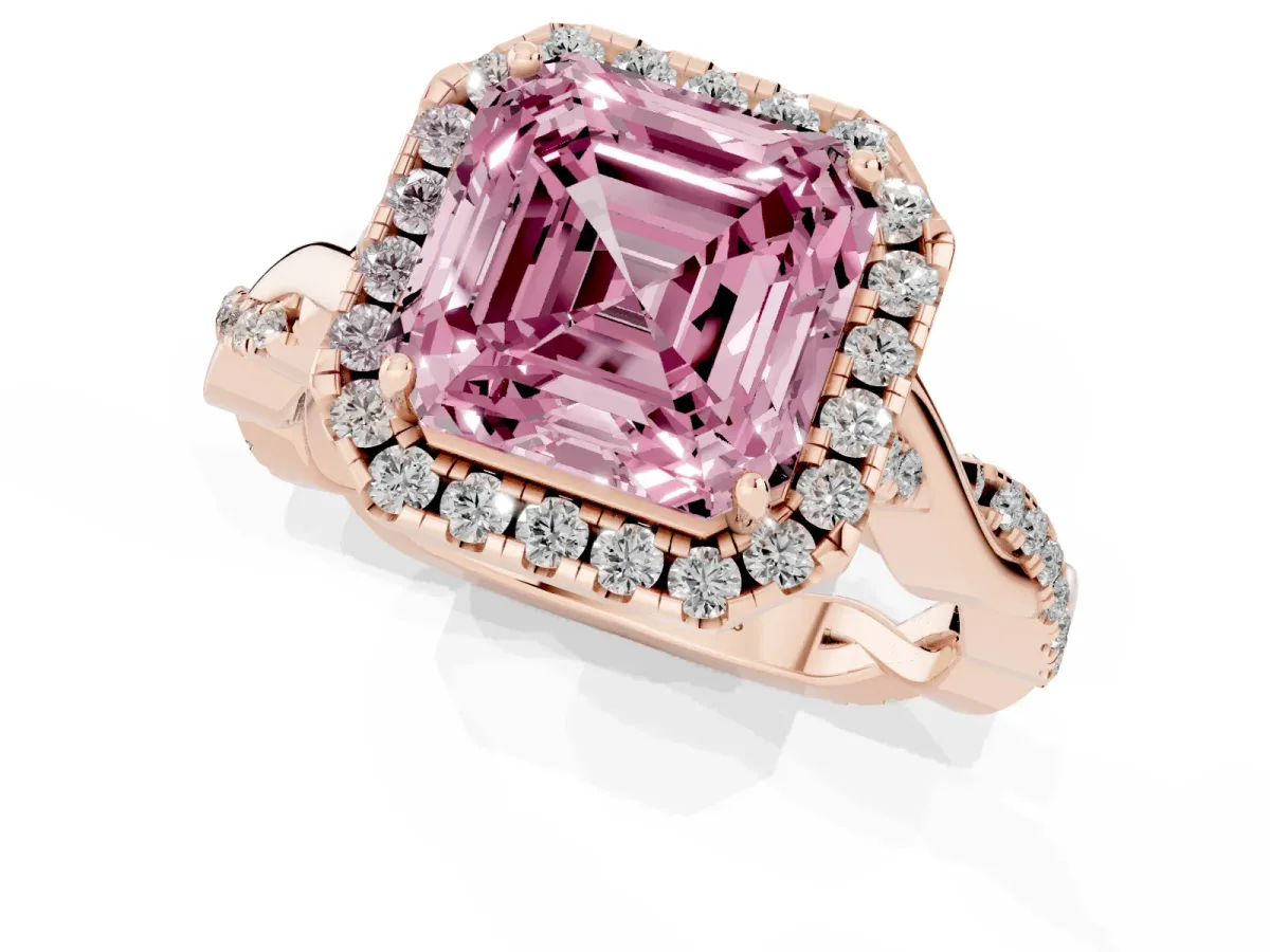 Fancy Pink Asscher Cut Halo Twist Band Solitaire Ring Rose gold