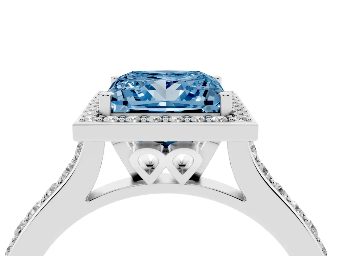 Fancy Blue Princess Cut Diamond Halo Engagement Ring with Round Pavé Shoulders and Prong Setting Silver